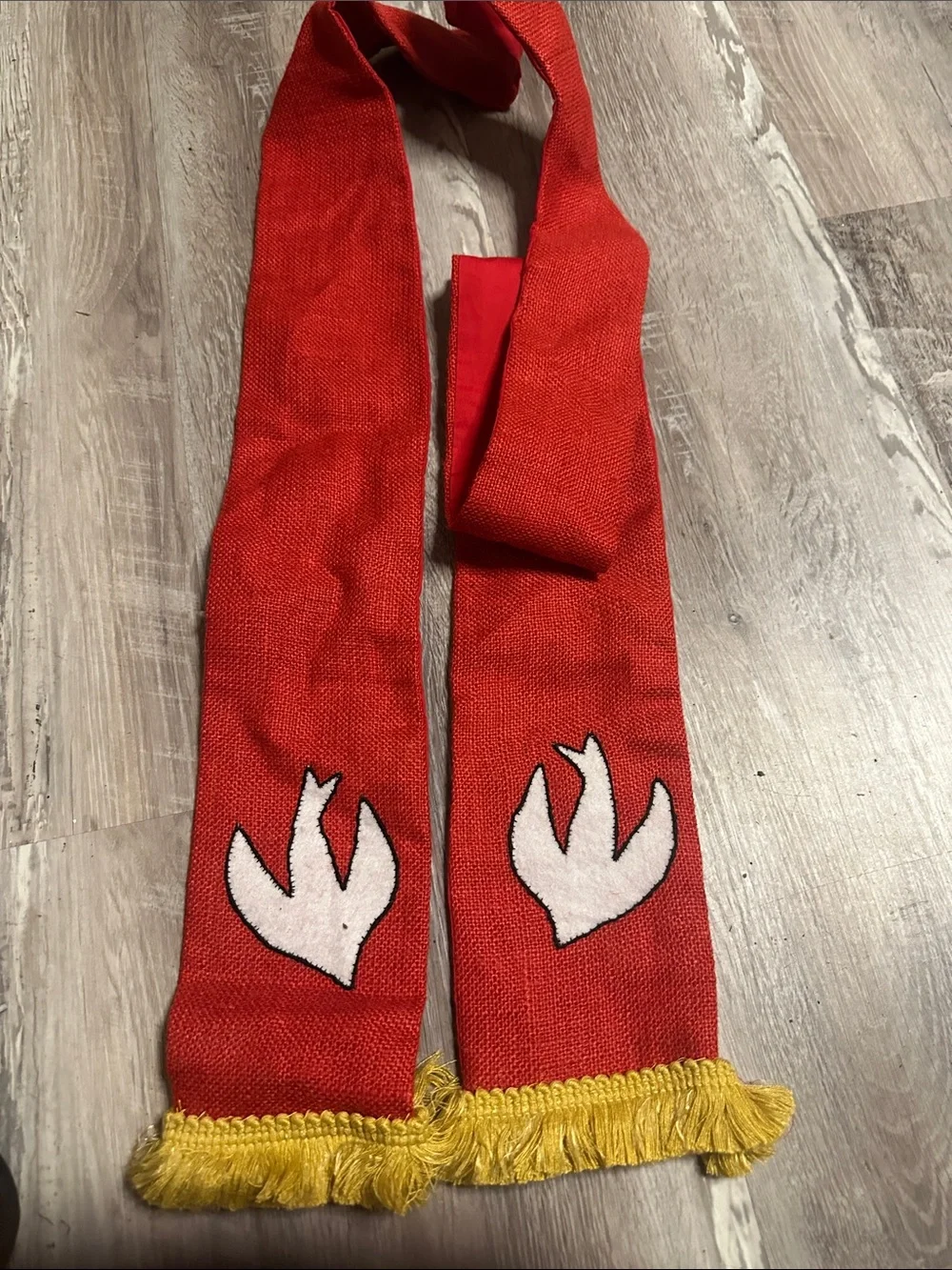 Children's Red Tie with White Dove Appliqué and Gold Fringe